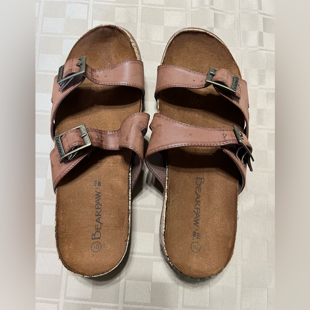 Bearpaw Women’s Maddie Strappy Buckle Flat Slide Sandals Size 10 Brown EU 42